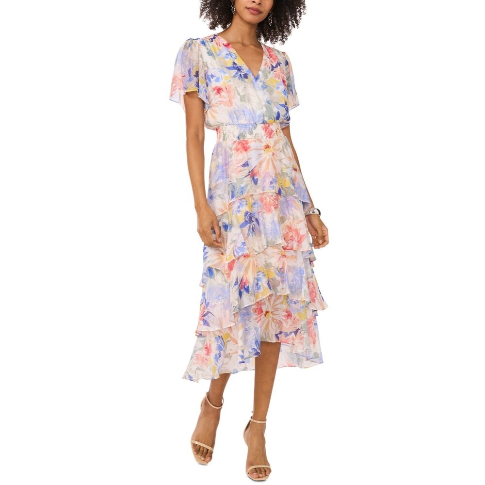 Vince Camuto Women's Floral-Print Flutter-Sleeve Tiered Midi Dress White Multi M